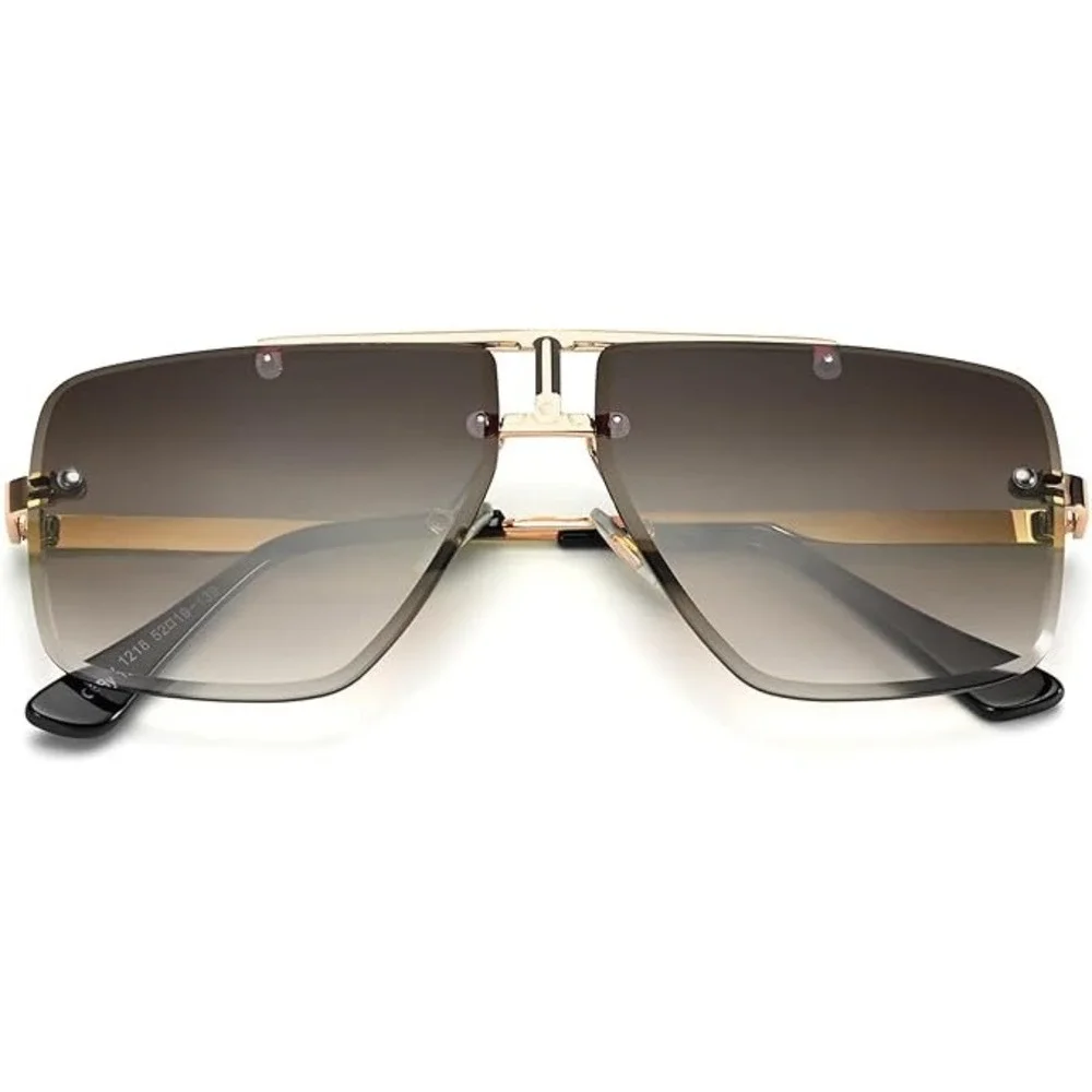 Men's Oversized Square Rimless Sunglasses Gold Double Bridge Gradient Brown Lens